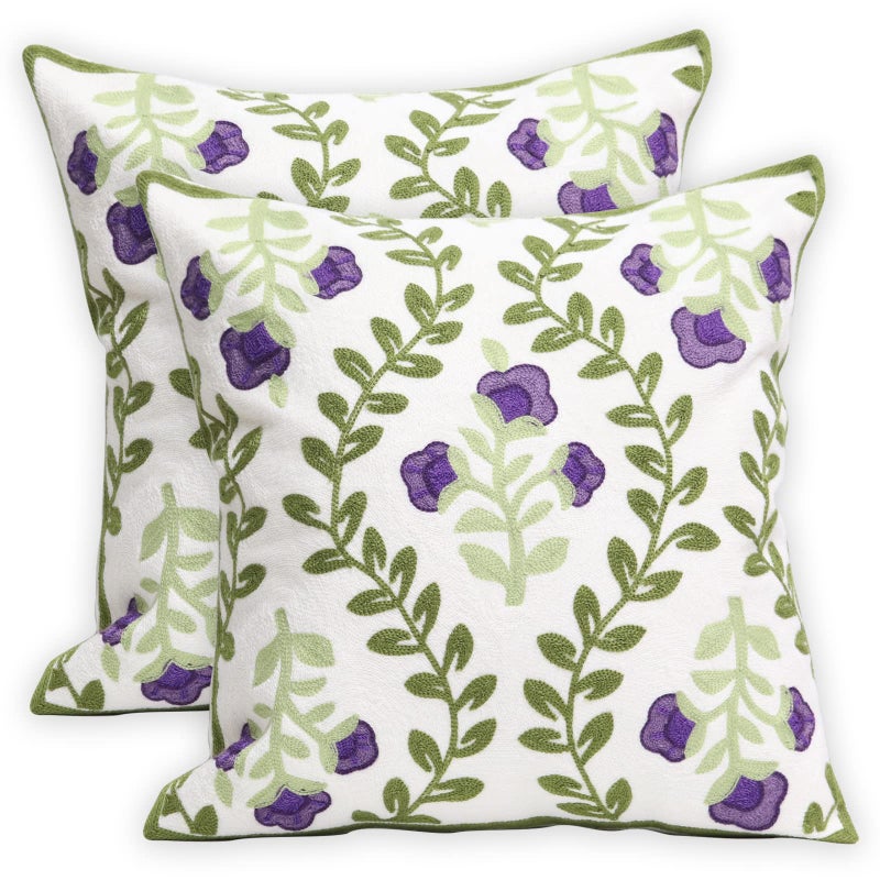 Pilmandu Set of 2 Embroidered Decorative Throw Pillow Covers Couch Square Pillowcases Cushion for Bedroom Sofa Farmhouse Decor 18x18 Inch (Purple Floral) - Image 1