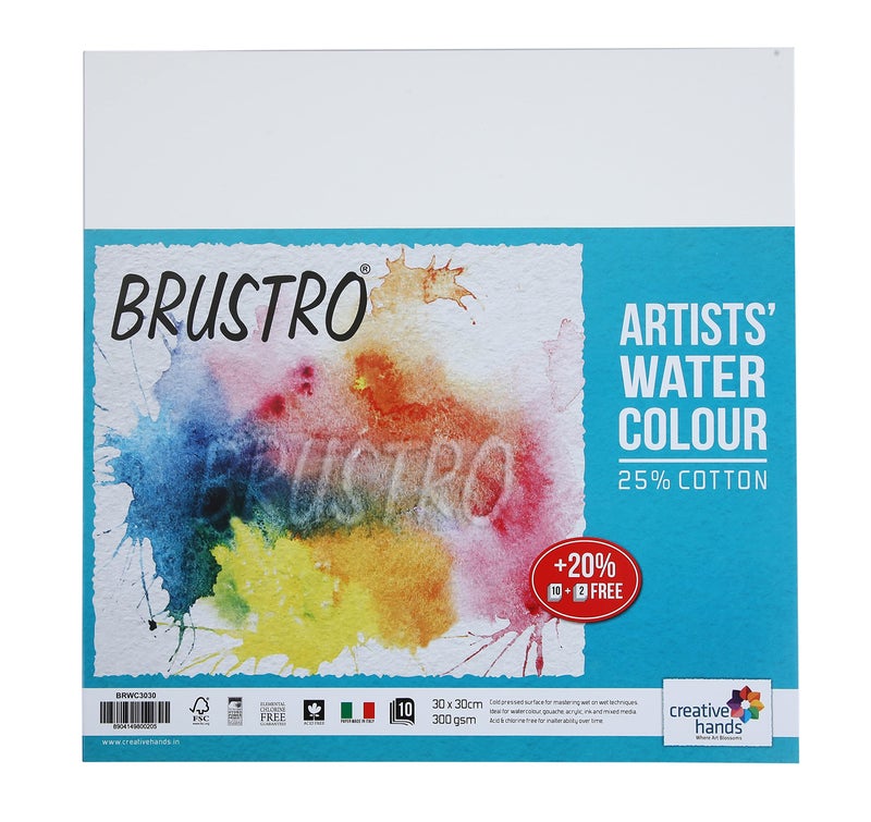 Brustro Watercolour Paper 25% Cotton Cold Pressed 30 x 30 cm Pack of 10 + 2 Sheets - Image 1