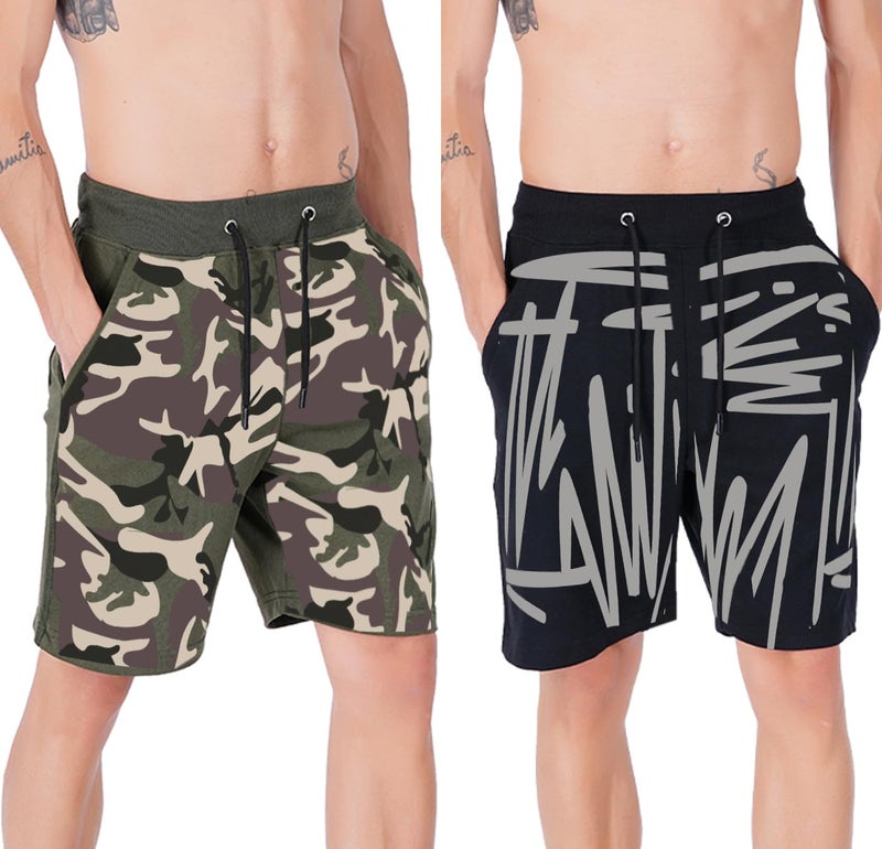 hotfits Men’s Printed Cotton Shorts – Pack of 2 | Comfortable Casual Shorts for Gym, Workout, Running & Lounge | Elastic Waist, Deep Pockets, Breathable Summer Wear - Image 1