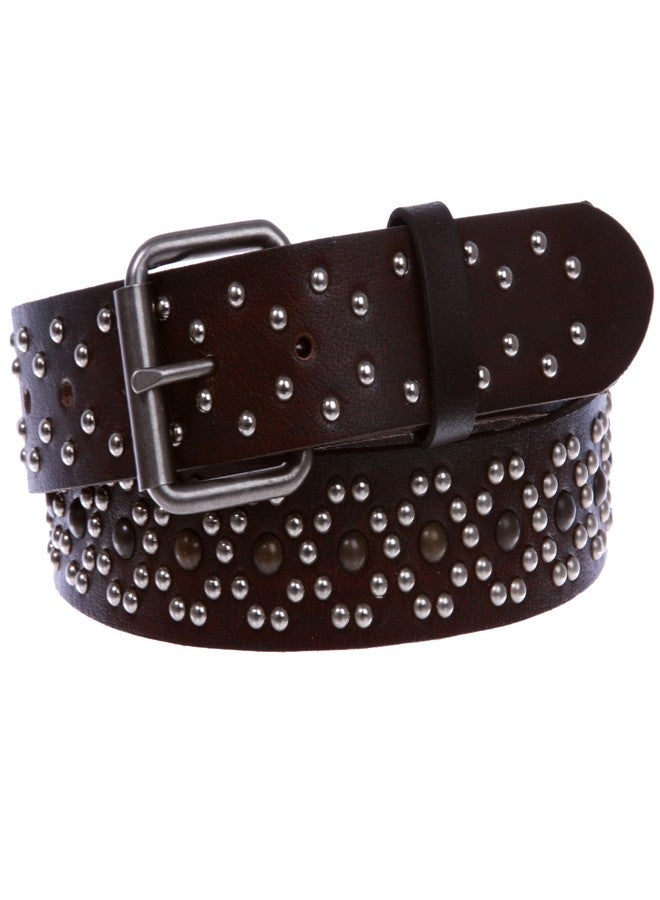 Beltiscool 1 1/2" Oil Tanned Metal Circle Studded Vintage Genuine Leather Belt, Black/Brown | 36" - Image 1