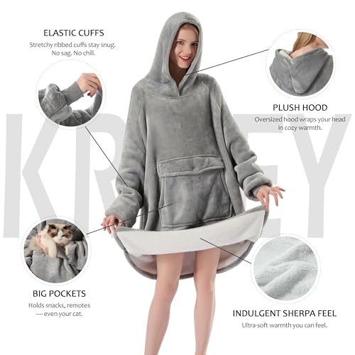 Krifey Wearable Blanket Hoodie, Oversized Sherpa Fleece Sweatshirt with Giant Pocket, Birthday Gifts for Women, Mom, Sister, Light Gray - Image 4