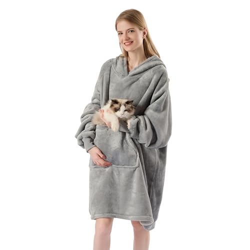 Krifey Wearable Blanket Hoodie, Oversized Sherpa Fleece Sweatshirt with Giant Pocket, Birthday Gifts for Women, Mom, Sister, Light Gray - Image 1