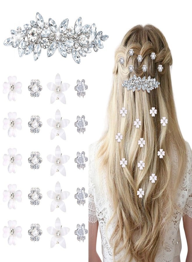 ANBALA 21 Pieces Rhinestone Hair Clips, Include 20 Mini Flower Hair Clips and1 Pcs Decorative Rhinestone Barrettes for Wedding, Sparkling Silver Accessories for Bride Wedding, Prom Women - Image 1