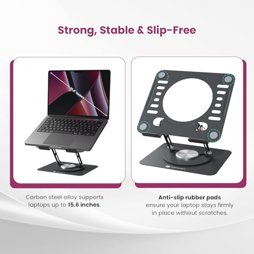 Portronics My Buddy K9 Lite, Height Adjustable Laptop Stand with 360° Rotating Base, Carbon Steel Build, Anti-Slip Pads, Cooling Vent, Supports 15.6” Laptops, for Work from Home & Office Use (Black) - Image 5