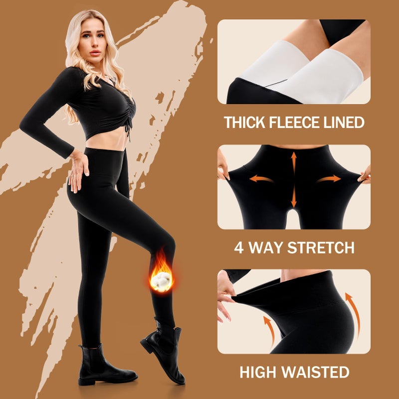 Fawarior Fleece Lined Leggings Women - Thermal Warm Soft High Waisted Tummy Control Yoga Pants for Cold Winter Black XL - Image 4