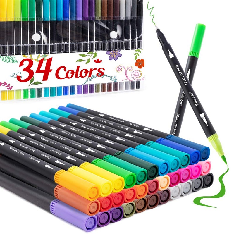Reaeon Coloring Markers Pen Dual Brush Tip Marker for Adult Coloring 34 Color Calligraphy Brush Fine Tip Pen for Beginner Journal Planner Drawing Doodle