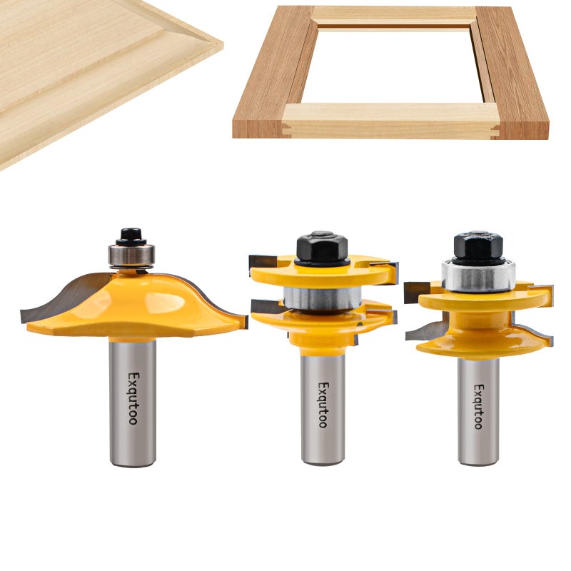 Exqutoo 3PCS 12 Shank Router Bit Set Raised Panel Cabinet Door Making Router Bits Cemented Carbide Router Bits Woodworking Tools Router Door Window Bits Tenon Joint Cutter Diameter 134 - Image 2