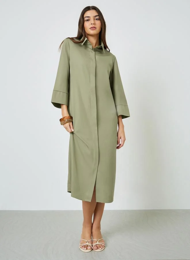 Take Two  Khaki Solid 3/4 Sleeves Casual Shirt Midi Dress for Women | Best Price UAE