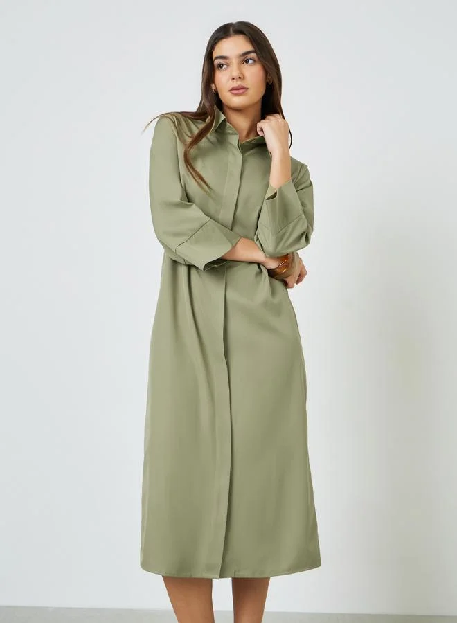 تايك تو Khaki Solid 3/4 Sleeves Casual Shirt Midi Dress