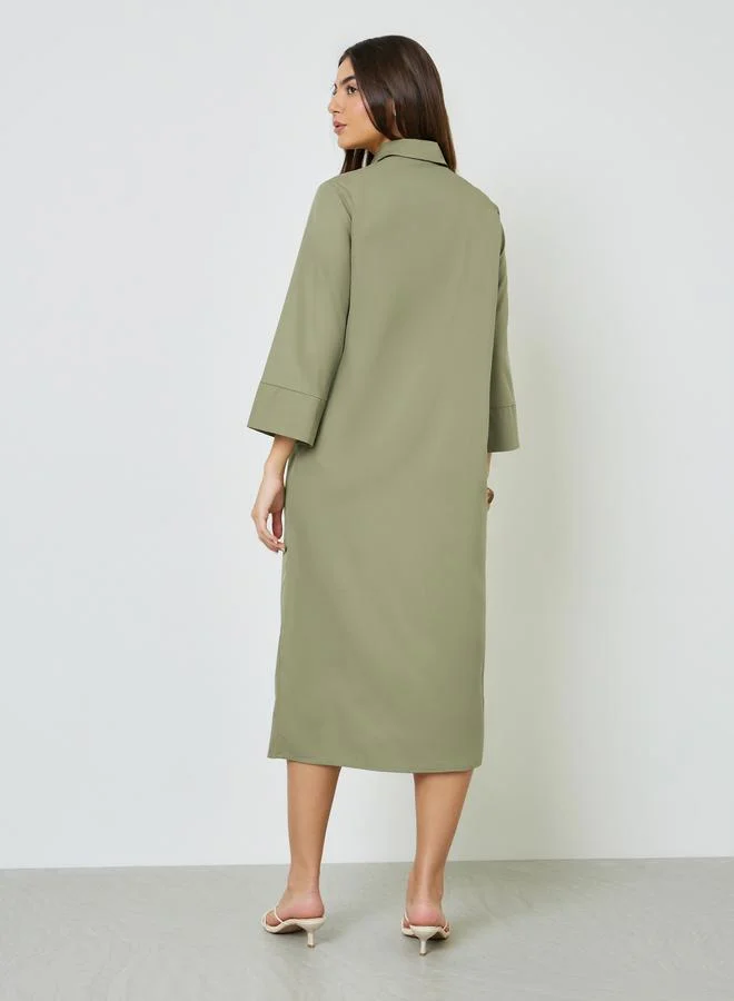 Take Two  Khaki Solid 3/4 Sleeves Casual Shirt Midi Dress for Women | Best Price UAE