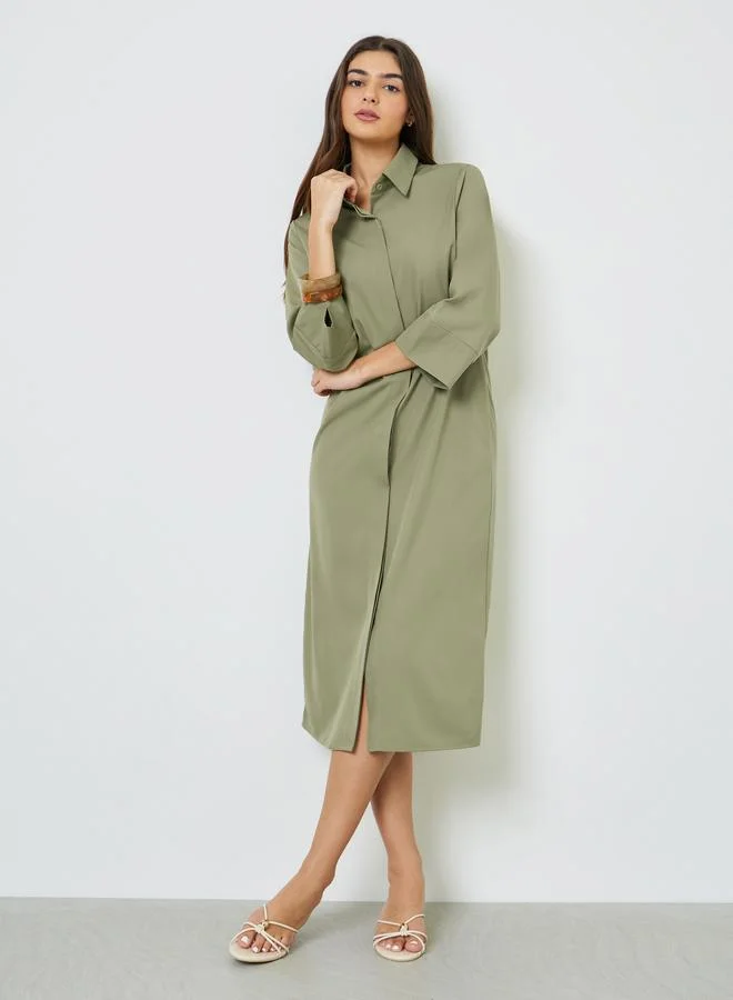 تايك تو Khaki Solid 3/4 Sleeves Casual Shirt Midi Dress