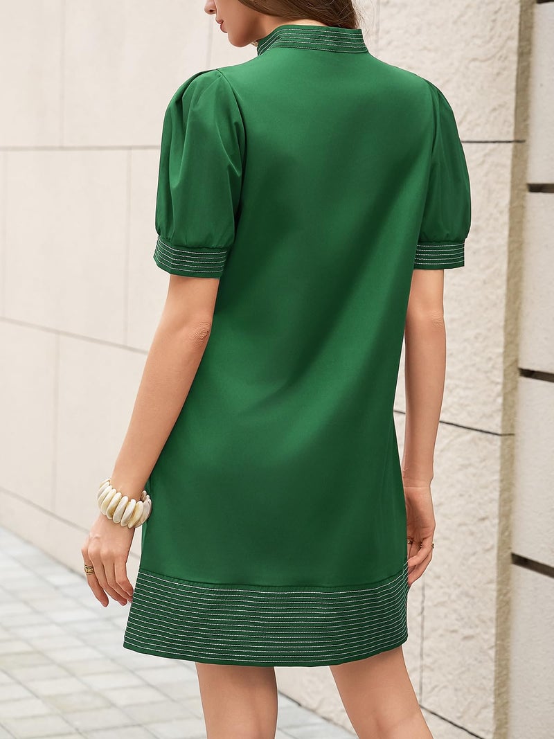 Wenrine Womens Summer V Neck Shift Dresses Casual Puff Short Sleeve Color Block Short Boho Beach Dresses with Pockets Green - Image 5