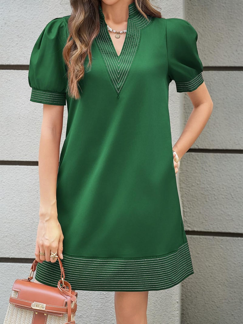 Wenrine Womens Summer V Neck Shift Dresses Casual Puff Short Sleeve Color Block Short Boho Beach Dresses with Pockets Green - Image 2