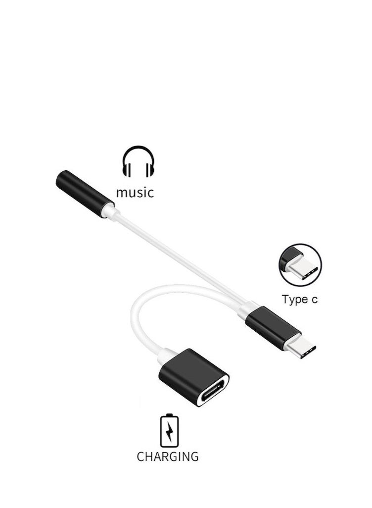 AUX Type-C to Type-C & 3.5mm AUX Adapter – 12cm, Black & White – Audio & Charging Splitter - Image 3