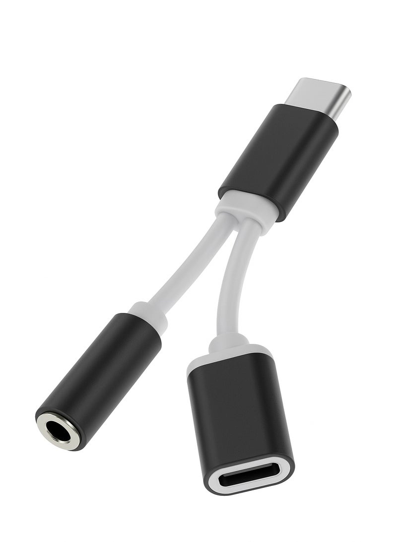 AUX Type-C to Type-C & 3.5mm AUX Adapter – 12cm, Black & White – Audio & Charging Splitter - Image 1