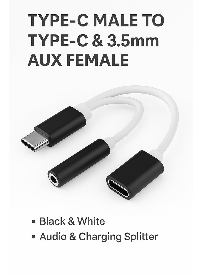 AUX Type-C to Type-C & 3.5mm AUX Adapter – 12cm, Black & White – Audio & Charging Splitter - Image 2
