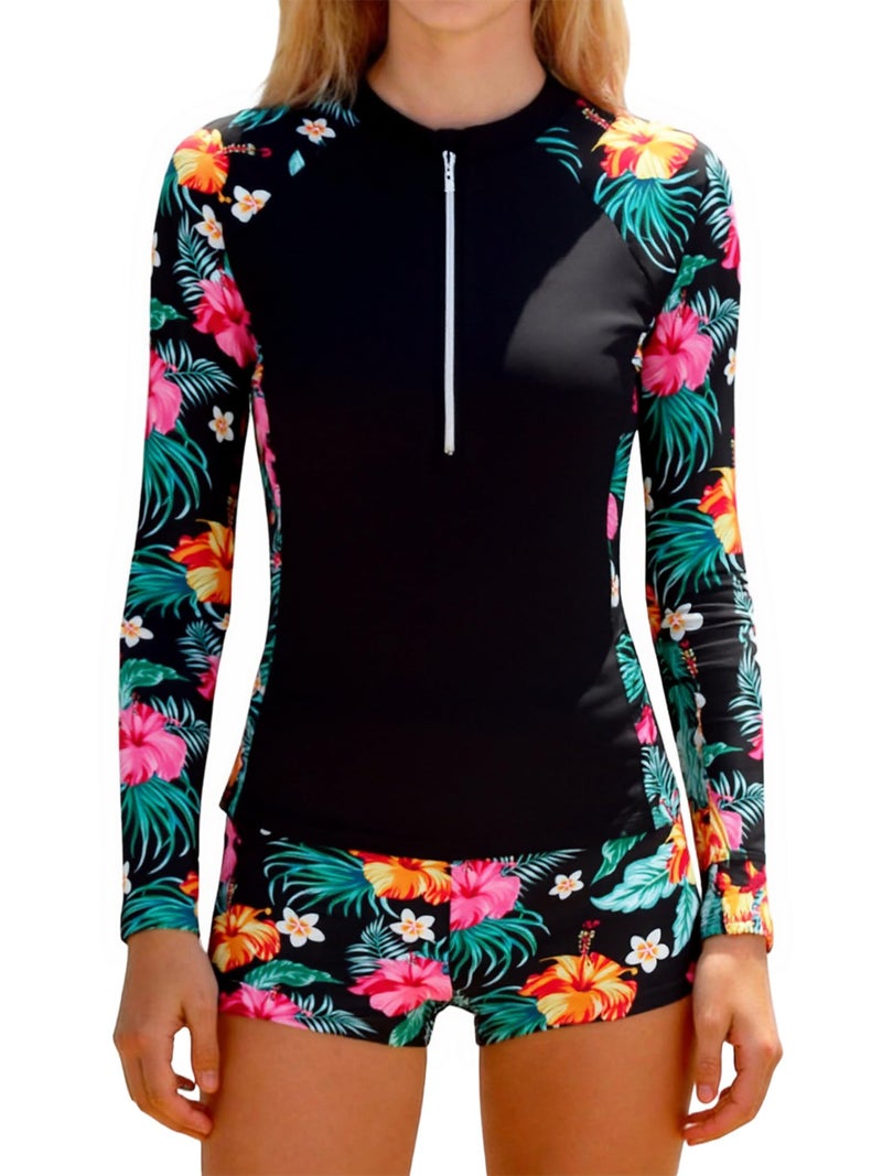 TUONROAD Girls Swimsuit Size 14-16 Black Floral Long Sleeve Half-Zip Bathing Suit for Teens 2pc Padded Modest UPF 50+ Rash Guard Swimwear Sets with Swim Shorts - Image 1
