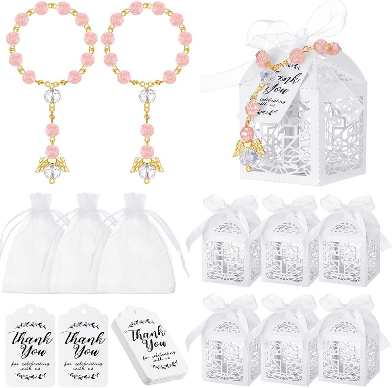 Sureio مجموعة هدايا معمودية Sureio 100 قطعة تشمل صناديق مسبحة صغيرة وأكياس أورجانزا وبطاقات شكر مثالية لتزيين حفلات استقبال المولود والقداس الأول والمعمودية والزفاف - Image 1