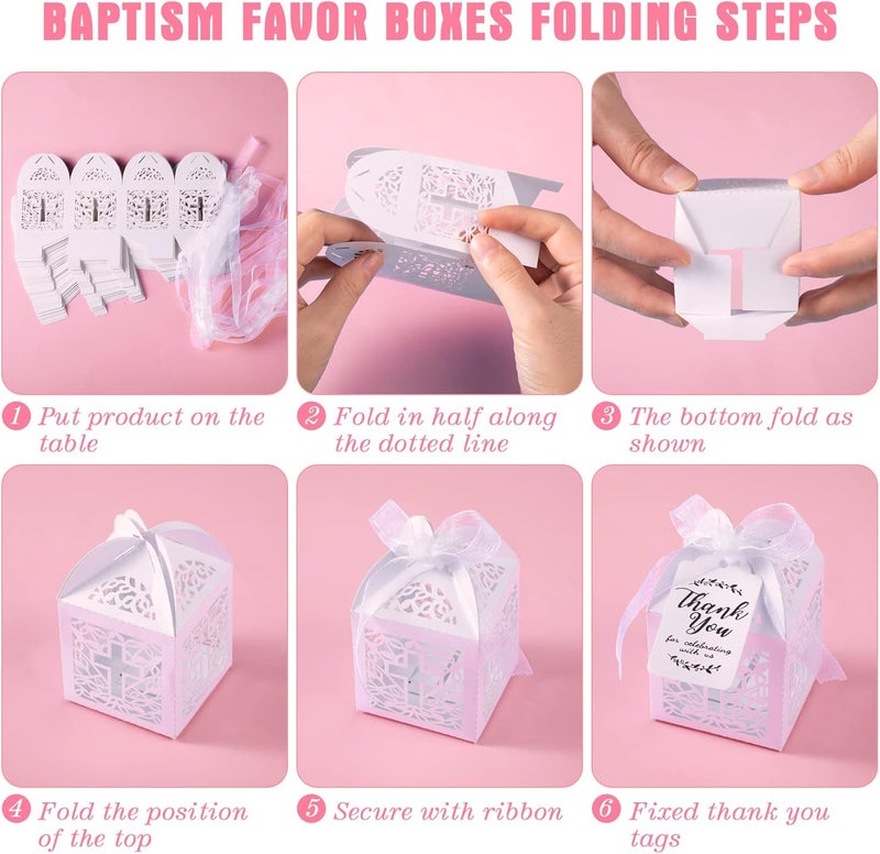 Sureio مجموعة هدايا معمودية Sureio 100 قطعة تشمل صناديق مسبحة صغيرة وأكياس أورجانزا وبطاقات شكر مثالية لتزيين حفلات استقبال المولود والقداس الأول والمعمودية والزفاف - Image 4