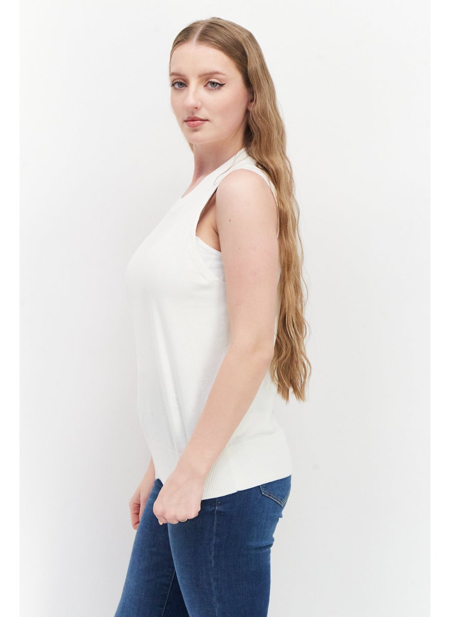 ESPRIT - Women Round Neck Sleeveless Textured Top, White - Image 1