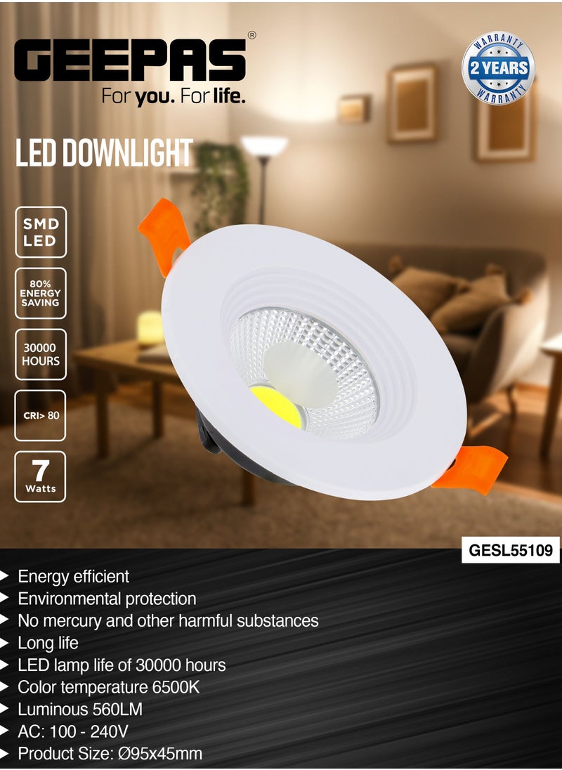 GEEPAS - Geepas 7 W Energy Saving LED Downlight GESL55109, 560 Lumens and 6500 K Color Temperature, Energy Efficient LED Light with 30000 Hours Lifetime, Ceiling Light Perfect for Home and Office Use, 2 Years - Image 1