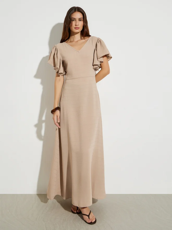 Styli Styli Beige Textured Maxi Dress with Frill Sleeves