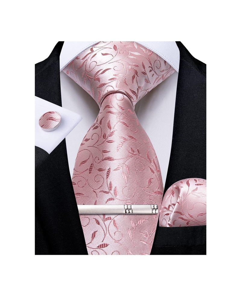 DiBanGu Silk Floral Ties for Men Woven Paisley Necktie and Tie Clip Handkerchief Cufflinks Set for Party Wedding, Pink - Image 1