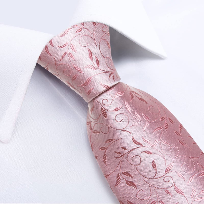DiBanGu Silk Floral Ties for Men Woven Paisley Necktie and Tie Clip Handkerchief Cufflinks Set for Party Wedding, Pink - Image 4