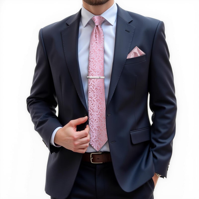 DiBanGu Silk Floral Ties for Men Woven Paisley Necktie and Tie Clip Handkerchief Cufflinks Set for Party Wedding, Pink - Image 2