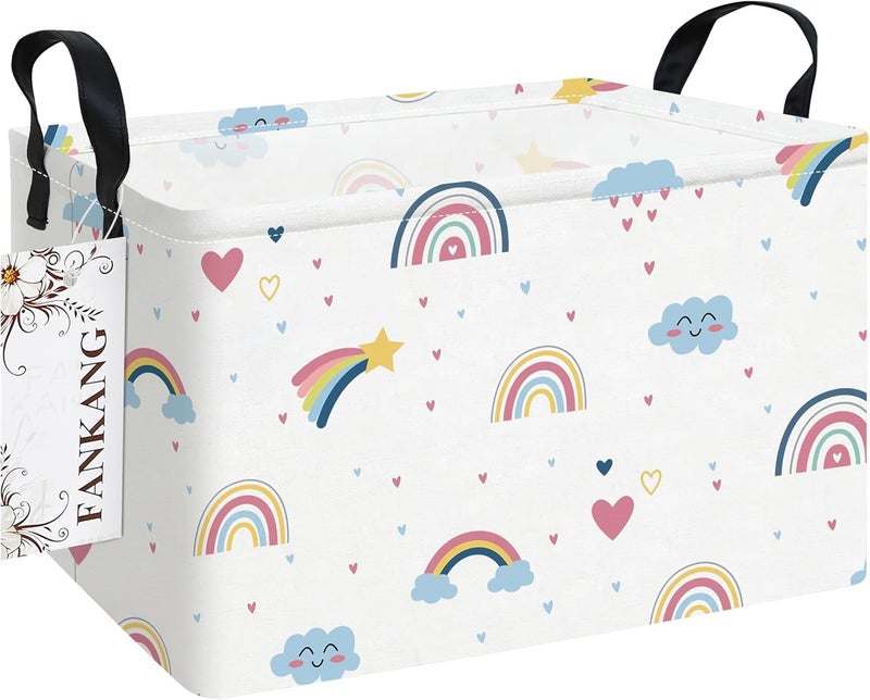 FANKANG Storage Bins, Nursery Hamper Canvas Laundry Basket Foldable with Waterproof PE Coating Large Storage Baskets for Kids Boys and Girls, Office, Bedroom, Clothes,Toys(Rec-Love Rainbow） - Image 1