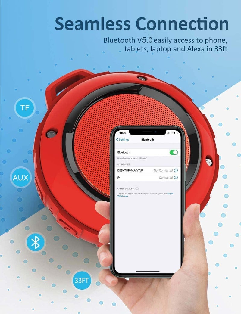 Kunodi Outdoor Waterproof Bluetooth Speaker, Wireless Portable Mini Shower Travel Speaker with Subwoofer, Enhanced Bass, Built in Mic for Sports, Pool, Beach, Hiking, Camping - Image 5