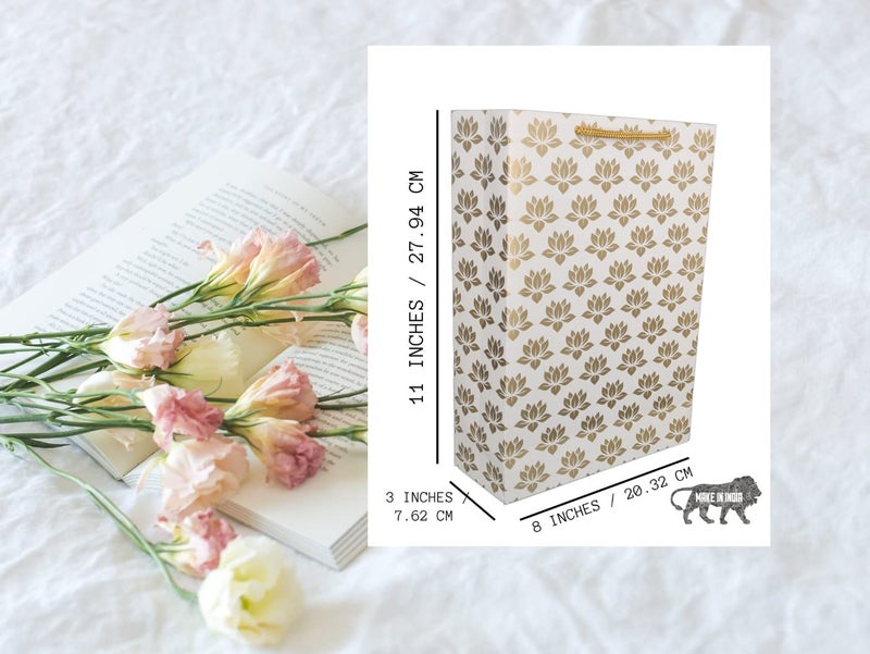 TASCHE TASCHE Gold Flower and Gold Lotus Design Printed Assorted Design Paper Carry Bags | Gift Bags for Return gifts, Birthday and presents (27.94 * 20.32 * 7.62 CM) (Pack of 10)  - Image 4