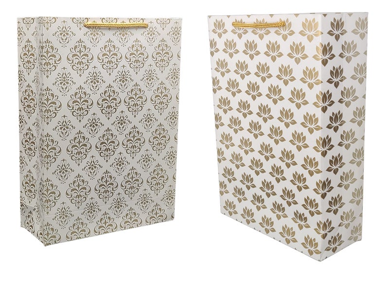 TASCHE TASCHE Gold Flower and Gold Lotus Design Printed Assorted Design Paper Carry Bags | Gift Bags for Return gifts, Birthday and presents (27.94 * 20.32 * 7.62 CM) (Pack of 10)  - Image 1