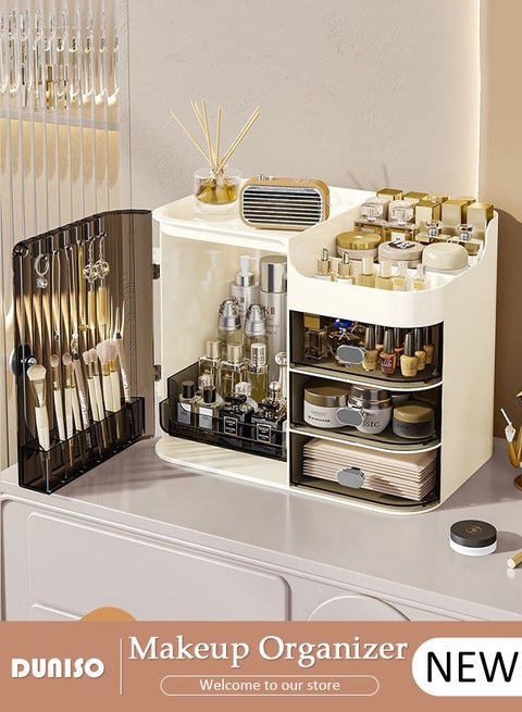 Makeup Organizer, Multifunctional Countertop Storage Box with Drawer,Desktop Beauty Display Organiser Stand for Lipsticks, Brushes, Lotions,Easily Sort Make-up,Transparent Design for Easy Visibilit