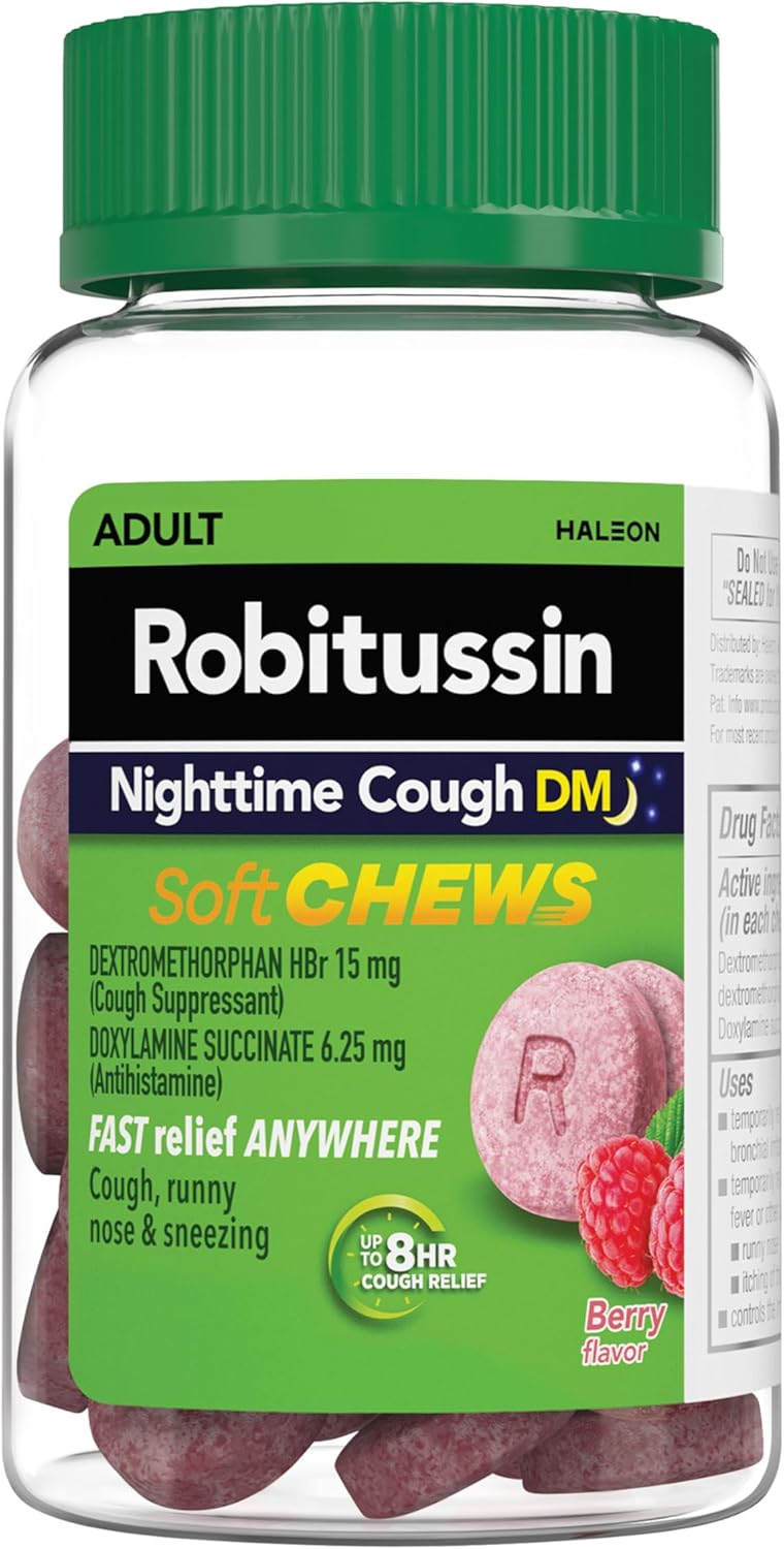 Robitussin Soft Chews Nighttime Cough DM Adult Formula Berry Flavor 20ct Chewable Tablets - Image 1