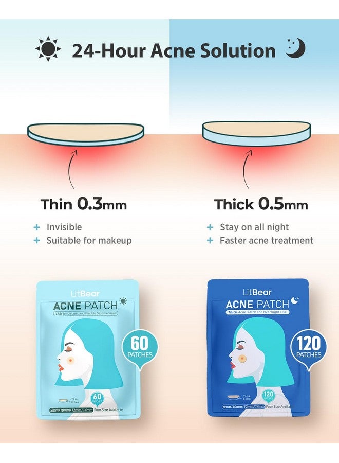 LitBear LitBear Acne Pimple Patches- Day and Night 4 Sizes 180 Dots Thin & Thick Hydrocolloid Patches with Witch Hazel, Tea Tree & Calendula Oil, Extra Adhesion for Face Zit Patch Dots  - Image 2