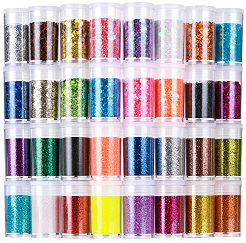 LEOBRO Glitter 32 Colors Fine and Chunky Glitter for Crafts Resin Halloween Christmas Decors Nail Body Art Crafts