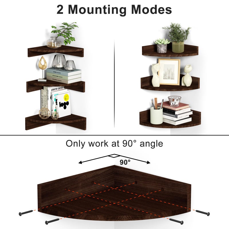 Alsonerbay Corner Shelf Wall Mount, Set of 3 Floating Shelves for Storage and Display, Rustic Wood Shelves for Bedroom, Kitchen, Living Room, Nursery and Office (Dark Brown) - Image 4