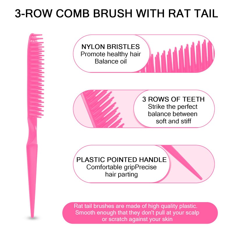 SIMPOR 3 Row Hair Comb for Natural Detangling, Hair Styling Brush, Nylon Bristle Unbraider Teasing Rat Tail Comb for Women Men Rose Pink - Image 2