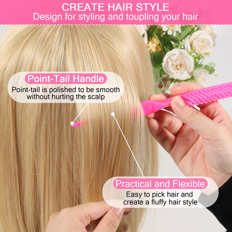 SIMPOR 3 Row Hair Comb for Natural Detangling, Hair Styling Brush, Nylon Bristle Unbraider Teasing Rat Tail Comb for Women Men Rose Pink - Image 5