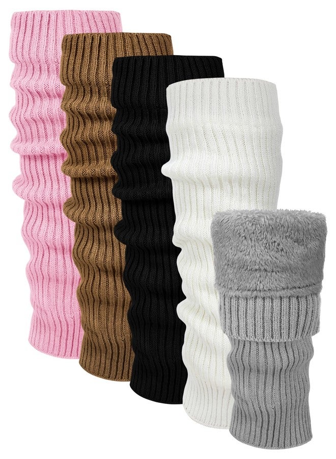 Chuarry 5 Pairs Women Fleece Lined Leg Warmers Warm Long Boot Socks Knit Thick Calf Warmers for Winter Ice Skating Daily Wear(Black, White, Light Grey, Pink, Khaki,Vertical) - Image 1