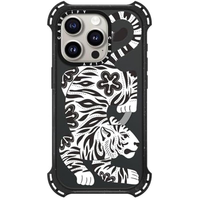 Casetify Bounce iPhone 15 Pro Case 【6X Military Grade Drop Tested / 21.3ft Drop Protection/Compatible with Magsafe】 - Silver Tiger - Triple Black - Image 1