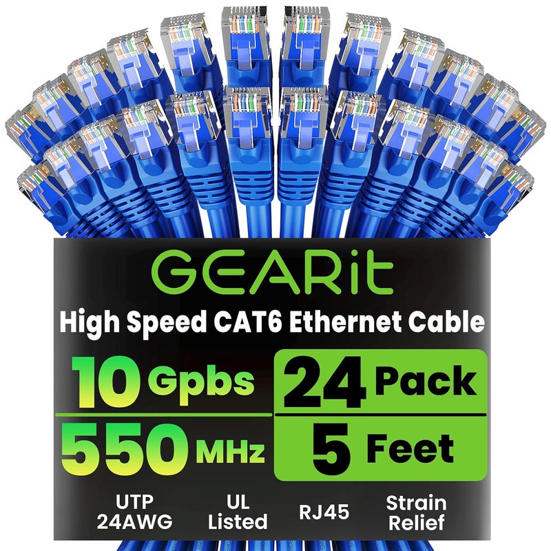 GearIT Cat 6 Ethernet Cable Pack - 24-Pack 5 ft Cat6 Ethernet Patch Cables | RJ45 Network Patch Cable, 10 Gbps Snagless Gold-Plated Connectors - Ethernet Cable Cat 6 for PC, TV, Router - Blue - Image 1