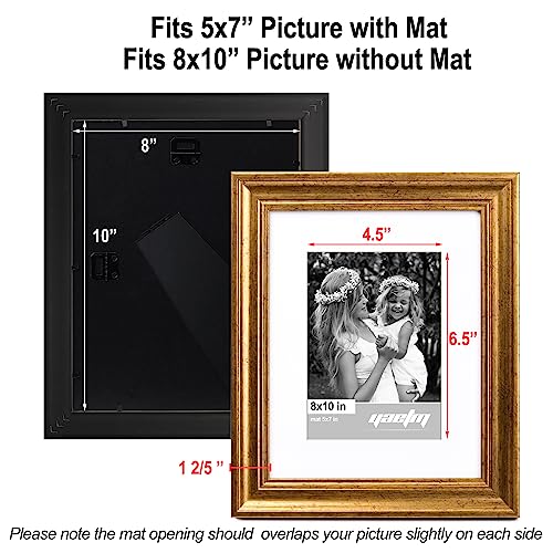 Yaetm 8x10 Picture Frame Matted to 5x7 Set of 4, 1.4” Wide Molding & Rustic Gold Photo Frames 8 x 10 with Tempered Glass, Display on Tabletop & Wall Mounting (4 pack, Gold) - Image 3