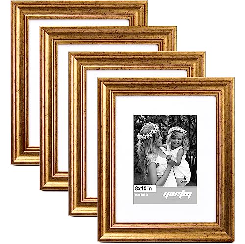 Yaetm 8x10 Picture Frame Matted to 5x7 Set of 4, 1.4” Wide Molding & Rustic Gold Photo Frames 8 x 10 with Tempered Glass, Display on Tabletop & Wall Mounting (4 pack, Gold) - Image 1