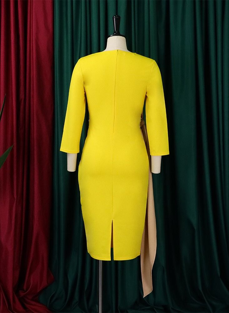 Women's Large High Waist Three Quarter Sleeve Dress Yellow - Image 3