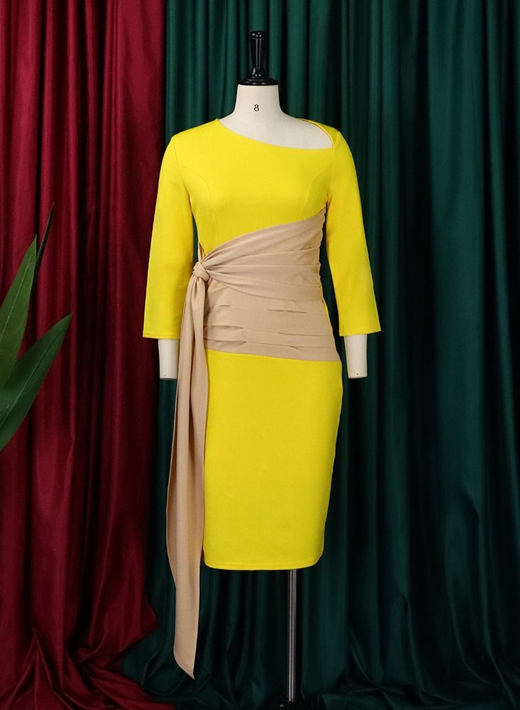 Women's Large High Waist Three Quarter Sleeve Dress Yellow - Image 2