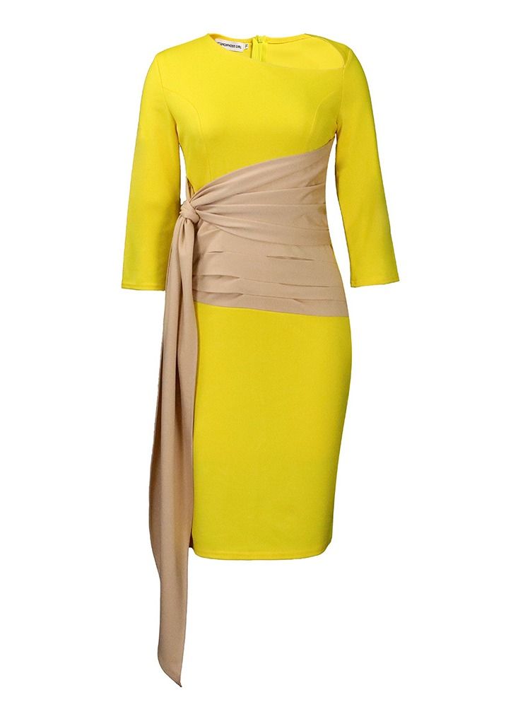 Women's Large High Waist Three Quarter Sleeve Dress Yellow - Image 1