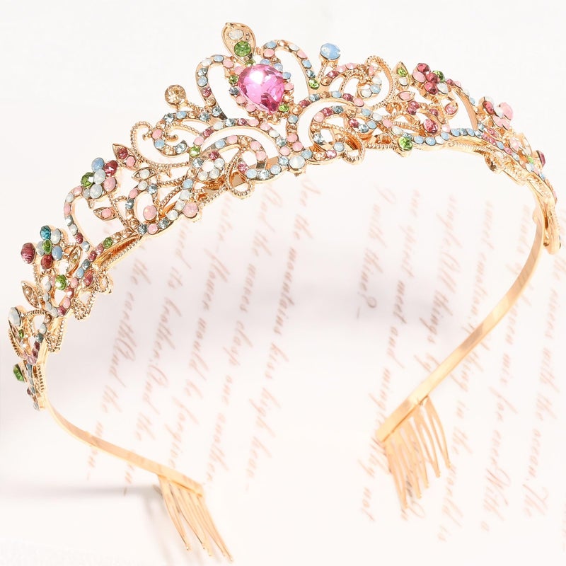 TAROSE Rainbow and Gold Crowns for Women, Queen Crystal Tiaras with Colorful Rhinestone and Combs, Goddess Crown for Wedding Bride Birthday Princess Bridal Shower Hair Accessories - Image 3