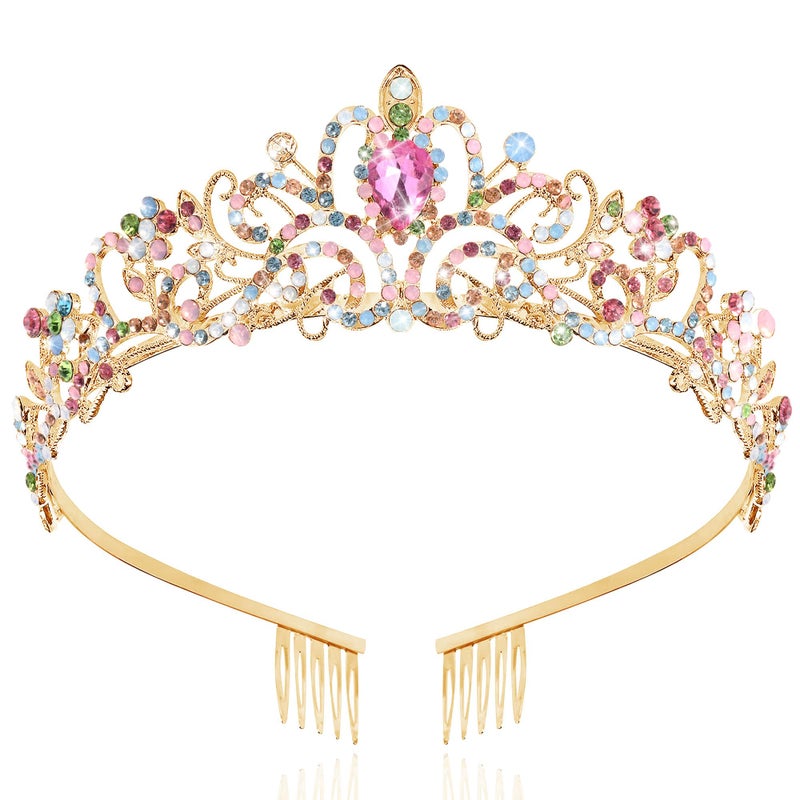 TAROSE Rainbow and Gold Crowns for Women, Queen Crystal Tiaras with Colorful Rhinestone and Combs, Goddess Crown for Wedding Bride Birthday Princess Bridal Shower Hair Accessories - Image 1